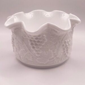 Scalloped White Milk glass Bowl Fire King by Anchor Hocking w/ Grapevine Design